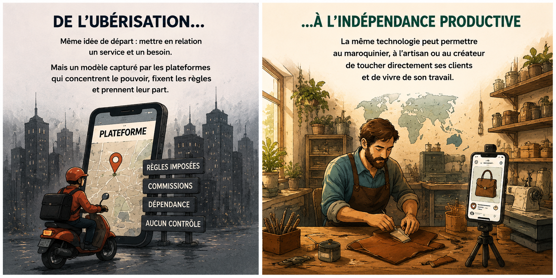 Diptyque. À gauche, « De l'ubérisation… » : un livreur à scooter sous la pluie face à un téléphone géant affichant une plateforme, entouré de panneaux règles imposées, commissions, dépendance, aucun contrôle. À droite, « …à l'indépendance productive » : un maroquinier travaille le cuir dans son atelier lumineux, un téléphone sur trépied présentant son sac en vente directe.